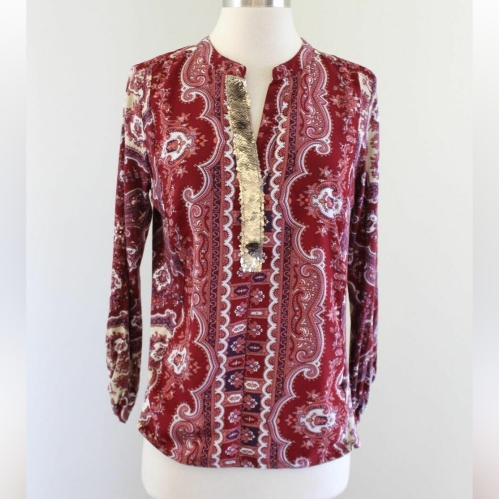 Tiny Anthropologie paisley print blouse boho slit v neck sequin Medium